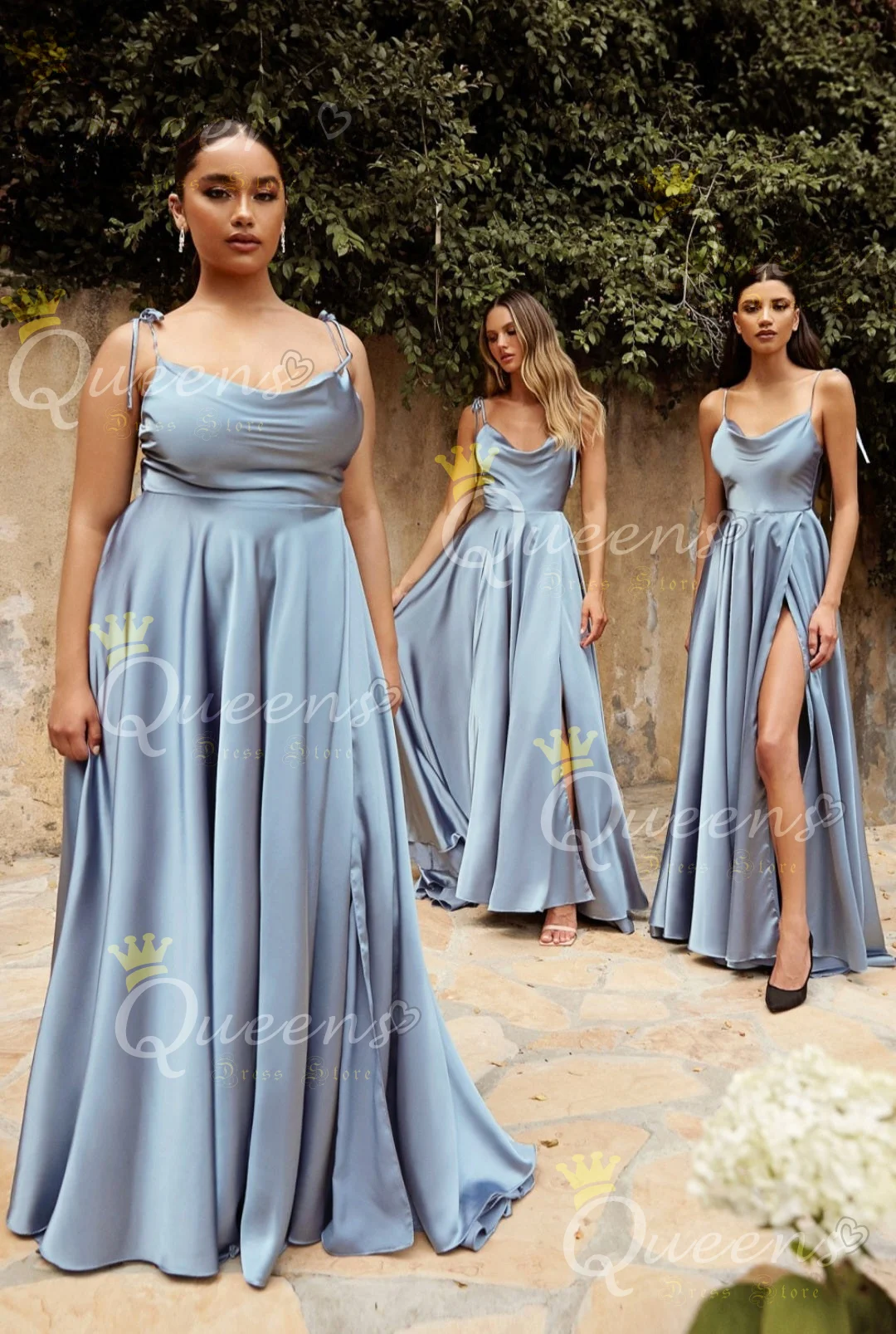 QueensLove Bridesmaid Dress Scoop Spaghetti A-Line Split Strape Elegant Growns Prom Party Dress Sexy Club Wear Customized