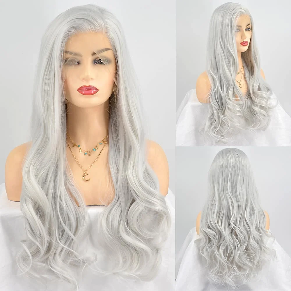 QW Silver Blonde Body Wave Synthetic Lace Front Wigs for Women Free Part Pre Plucked Natural Looking Daily Party Wear Wigs