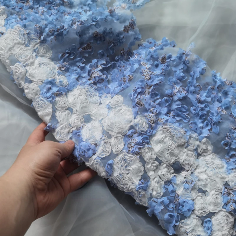 Blue Embroidered Mesh Fabric for Diy Sewing Wedding Decoration Dress Design Fashion Woman Cloth By The Meters Material