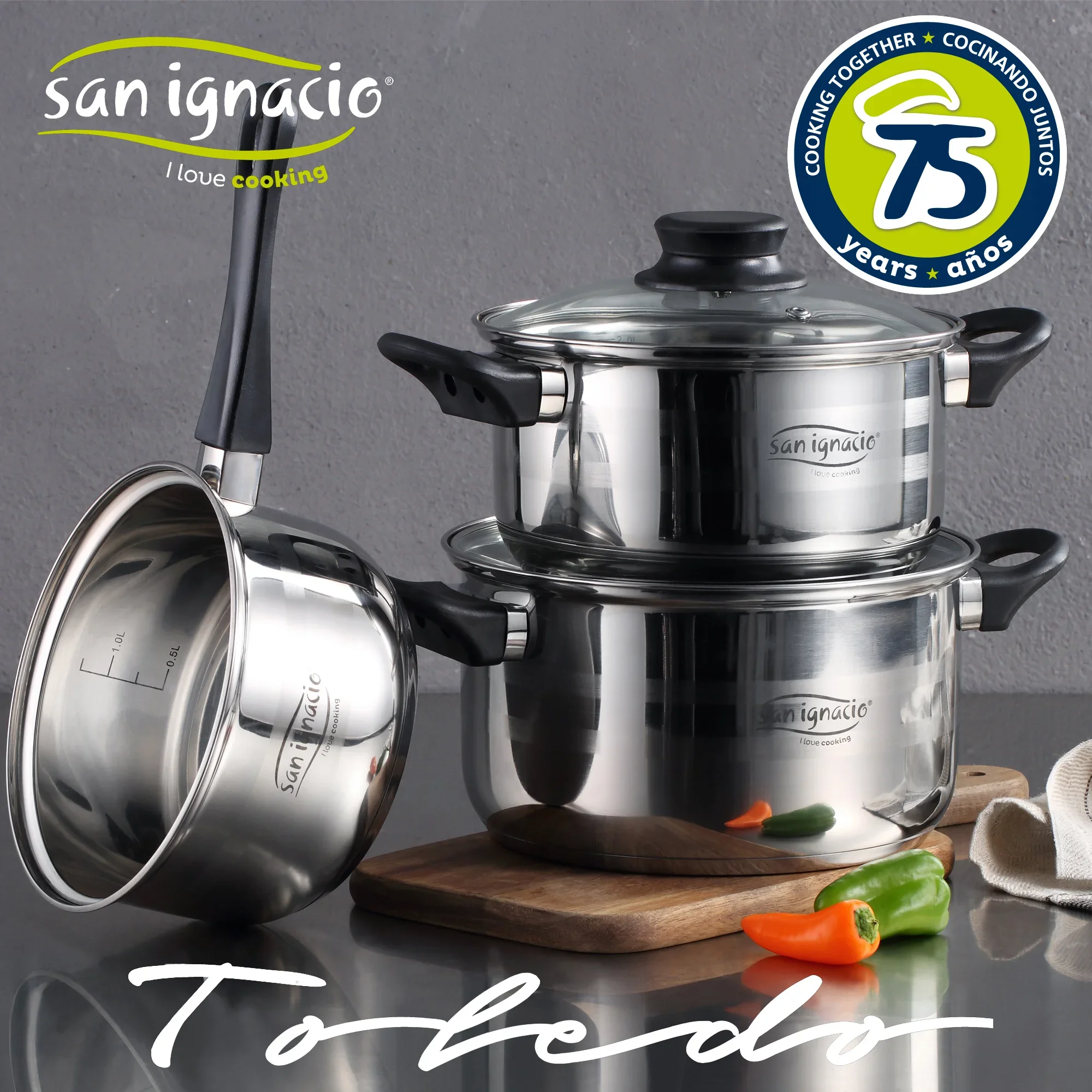 5 pieces kitchen battery (2 pans + 2 lids + saucepan) SAN IGNACIO Toledo in stainless steel suitable for all fires