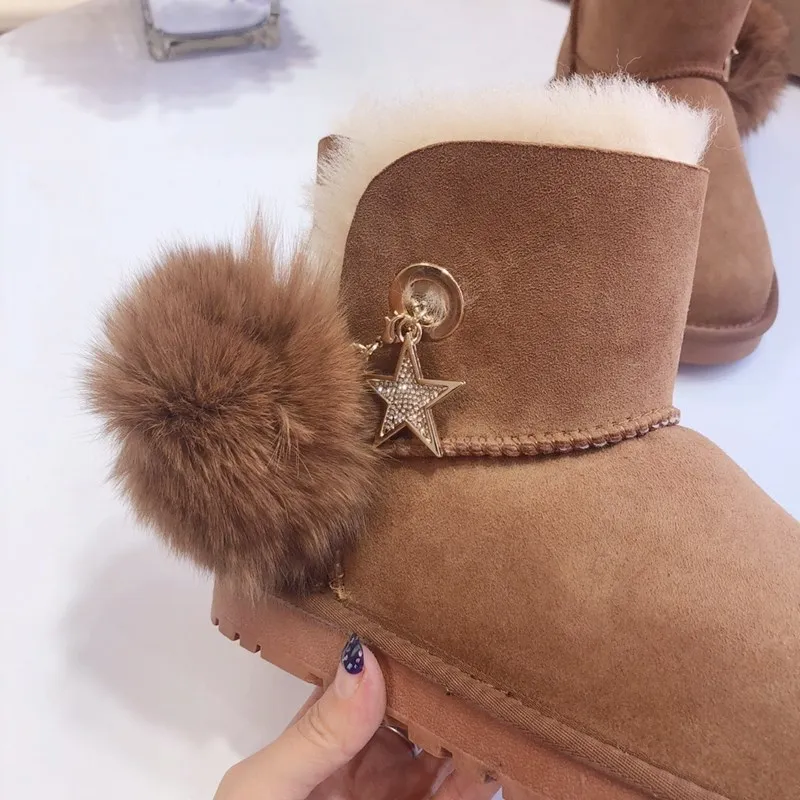 Snow Boots Women Boots 100% Genuine Sheepskin Leather  Pentagram Chain Natural Fur Warm Wool Winter Shoes