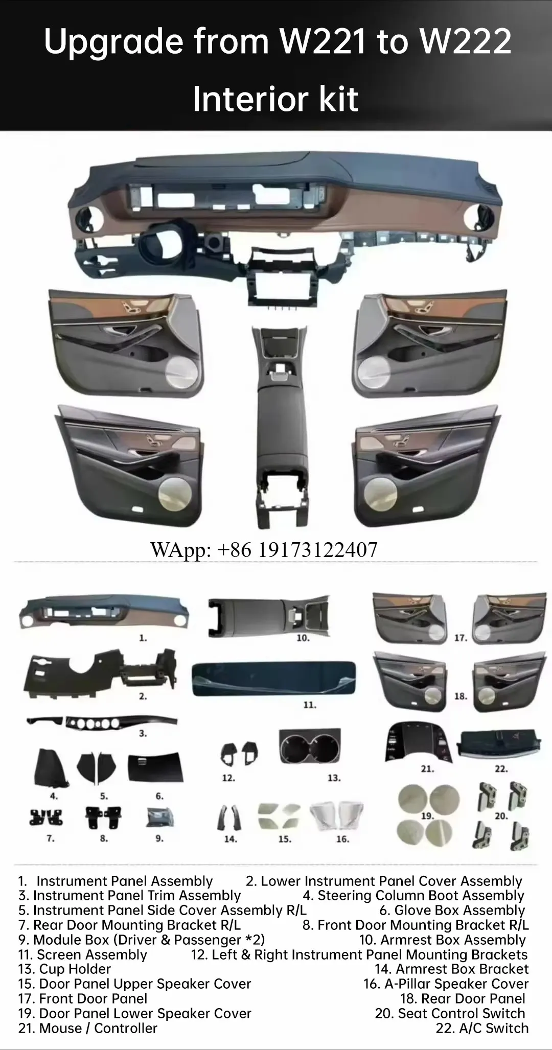 

XDJ Hot Sale Car Dashboard Door Panel Armrest Box for S-Class W221 Upgrade to W223 Interior Kit