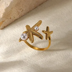 New 2025 Stainless Steel Rings For Women Imitation Pearl Starfish Open Anillos Ocean Jewelry Accessories Daily Girlfriend Gifts