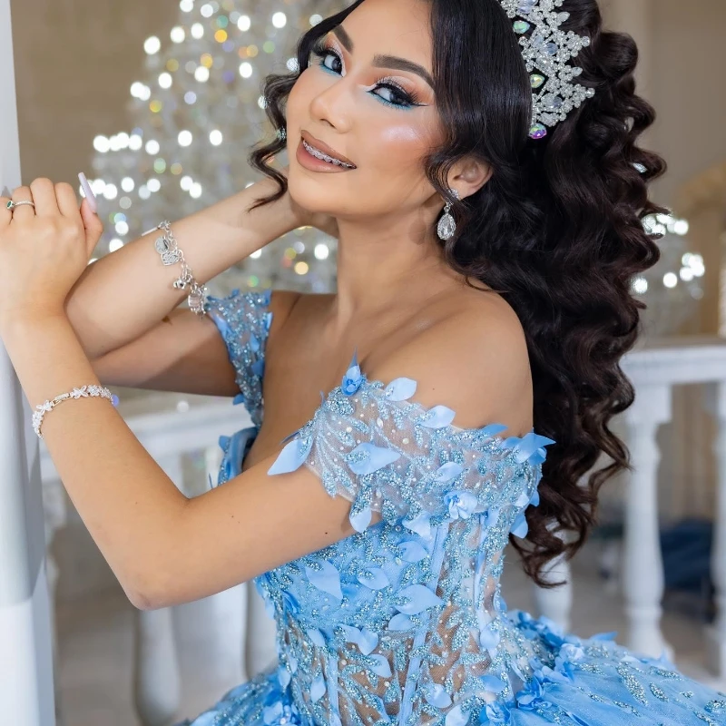 Sky Blue Shiny Princess Quinceanera Dresses 2024 floral Appliques Lace-up Corset Off Shoulder Prom Vestidos De 15 Años