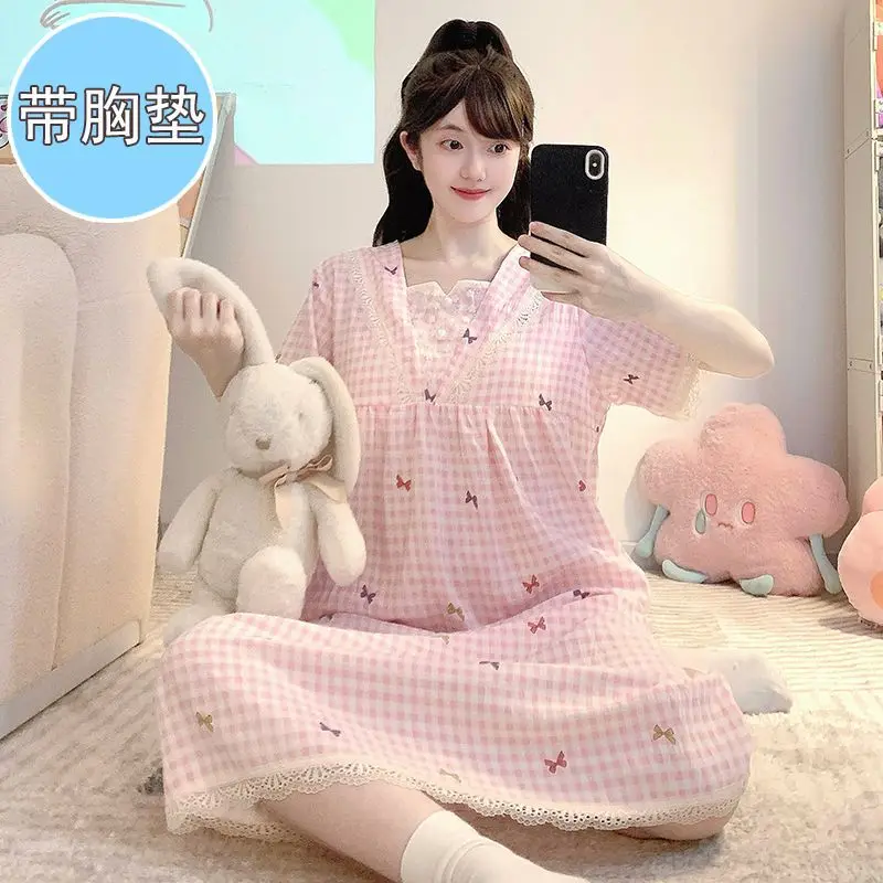

Plus Size Princess Style Pajamas Dress Korean Women Summer Loose Nightgown with Chest Pads Cloud Cotton Short-sleeved Loungewear