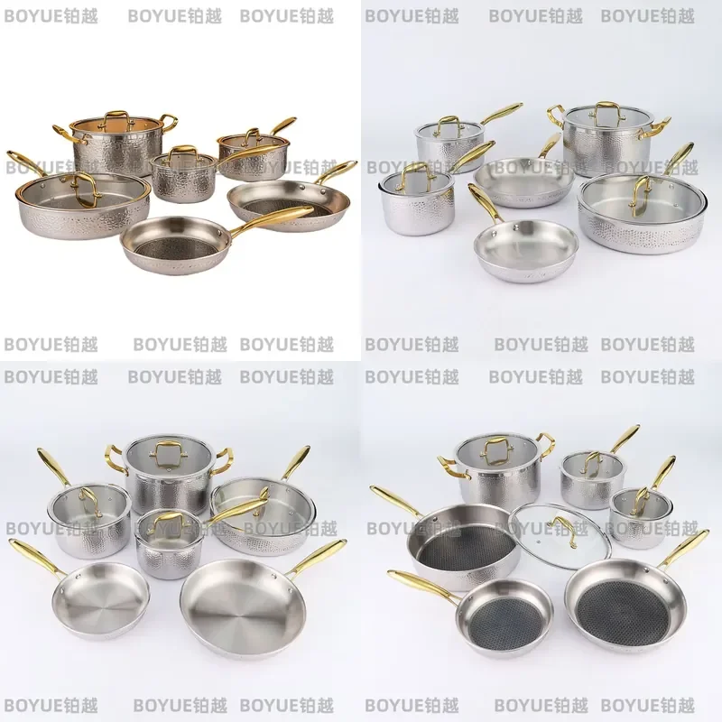 Luxury 3 Layer Composite Steel Cookware Set Hammered Finish Induction Gas Compatible Pots Pans Gift Collection