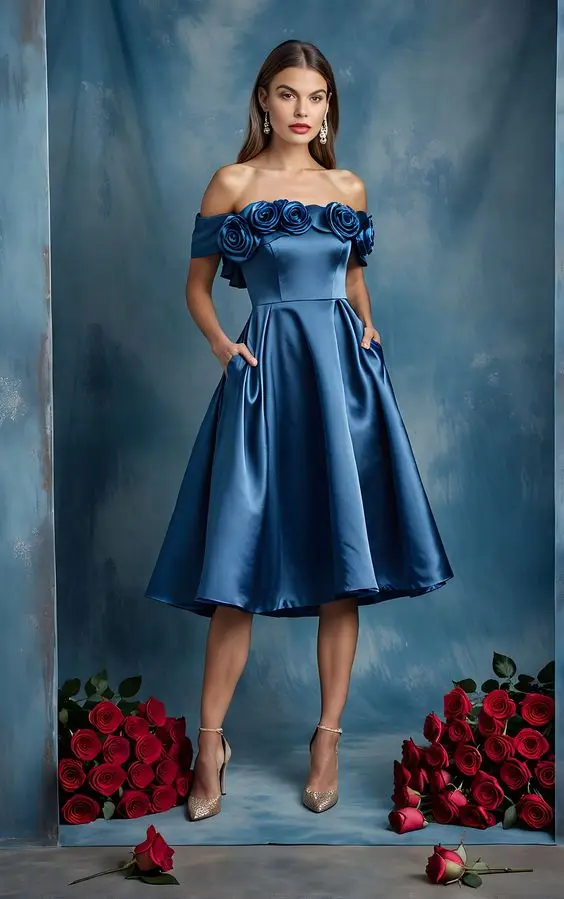 

Navy Blue Midi Satin Prom Dress Cocktail Gowns Off Shoulder Flowers with Pockets Knee Length Formal Party Evening Gowns Custom