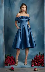 Navy Blue Midi Satin Prom Dress Cocktail Gowns Off Shoulder Flowers with Pockets Knee Length Formal Party Evening Gowns Custom