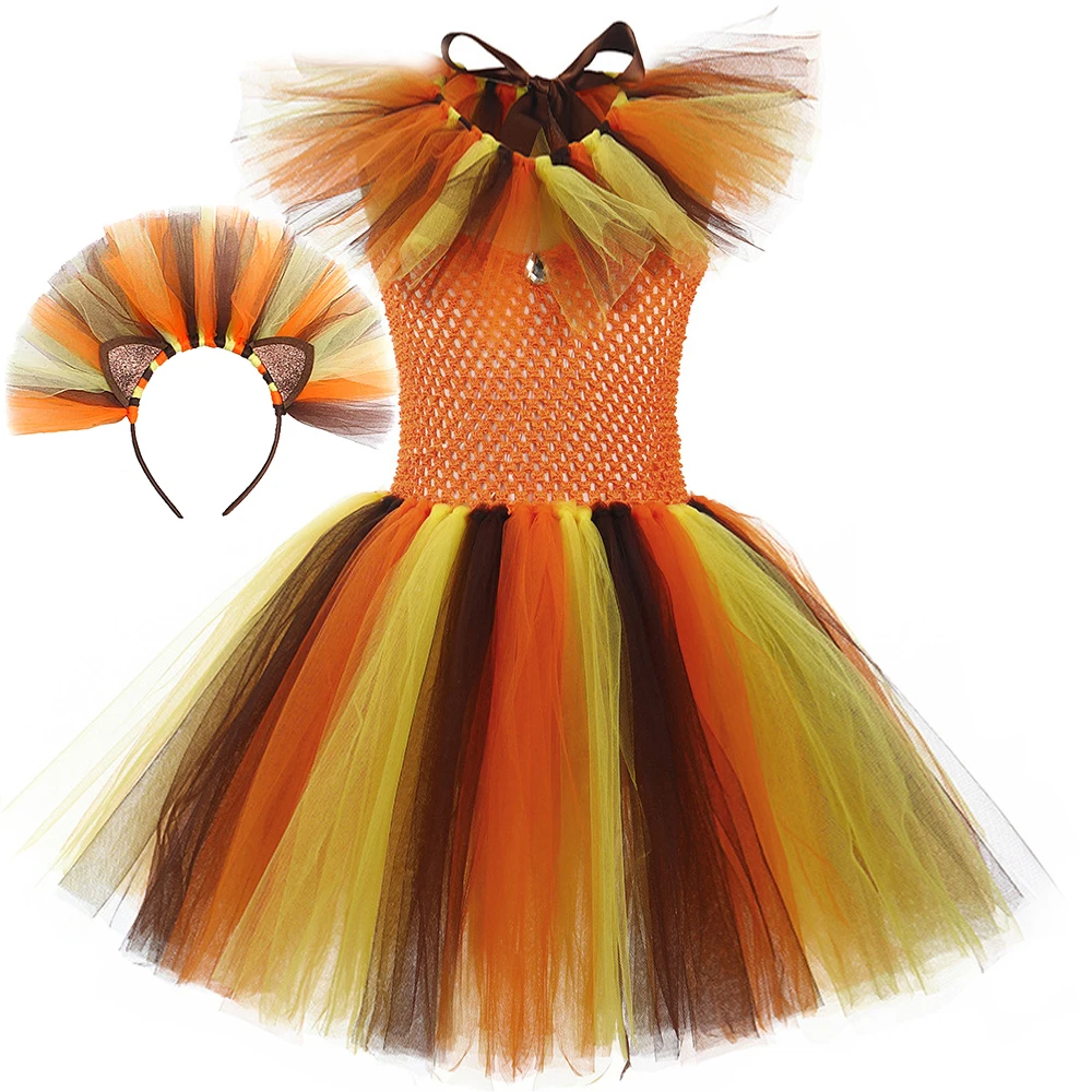 Orange Brown Jungle Lion Costumes Girls Animal Halloween Lined Tutu Dress for Kids New Years Carnival Outfit with Ears Hair Bow