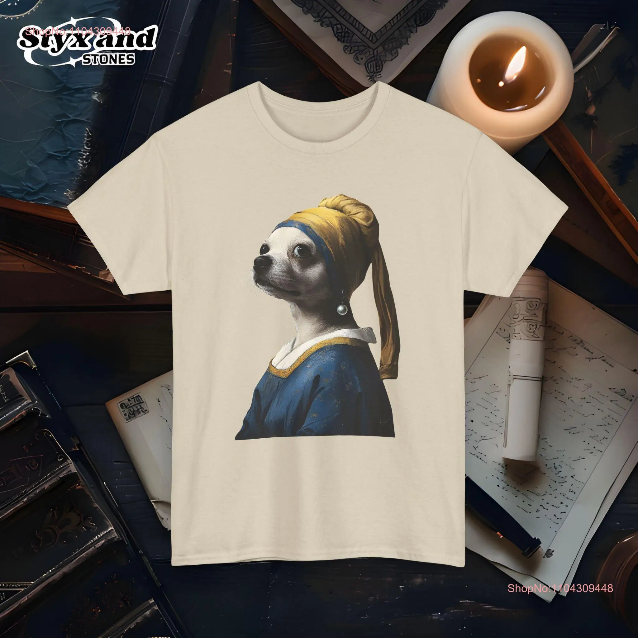 Dog Painting with a Pearl Earring T Shirt Classic Art Parody Whimsical Canine Design for Animal Lovers