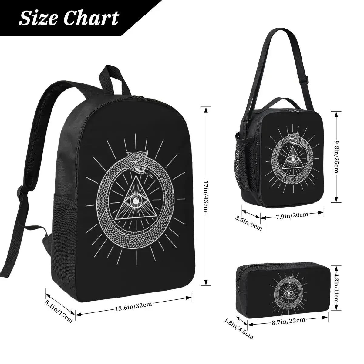 All-seeing Eye Soteric Of Ouroboros Snake Backpack BookBag School Bag Computer Shoulder Bags 3ps Insulated Lunch Bag Pencil Case