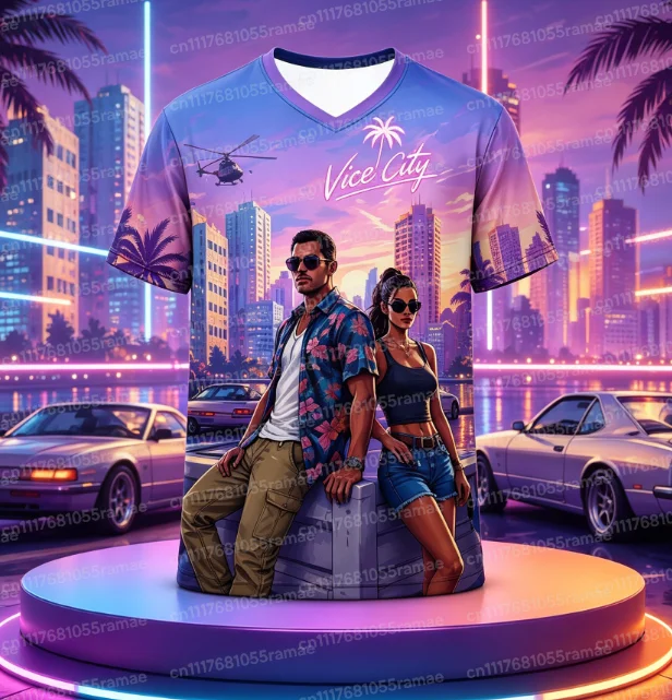 Vice City Retro Synthwave T-Shirt mit beidseitigem Aufdruck, Unisex, Miami-Palmenmuster, Sport-T-Shirt, atmungsaktives Mesh-Material, schnelltrocknend, Streetwear-Oberteil. – Detail 4