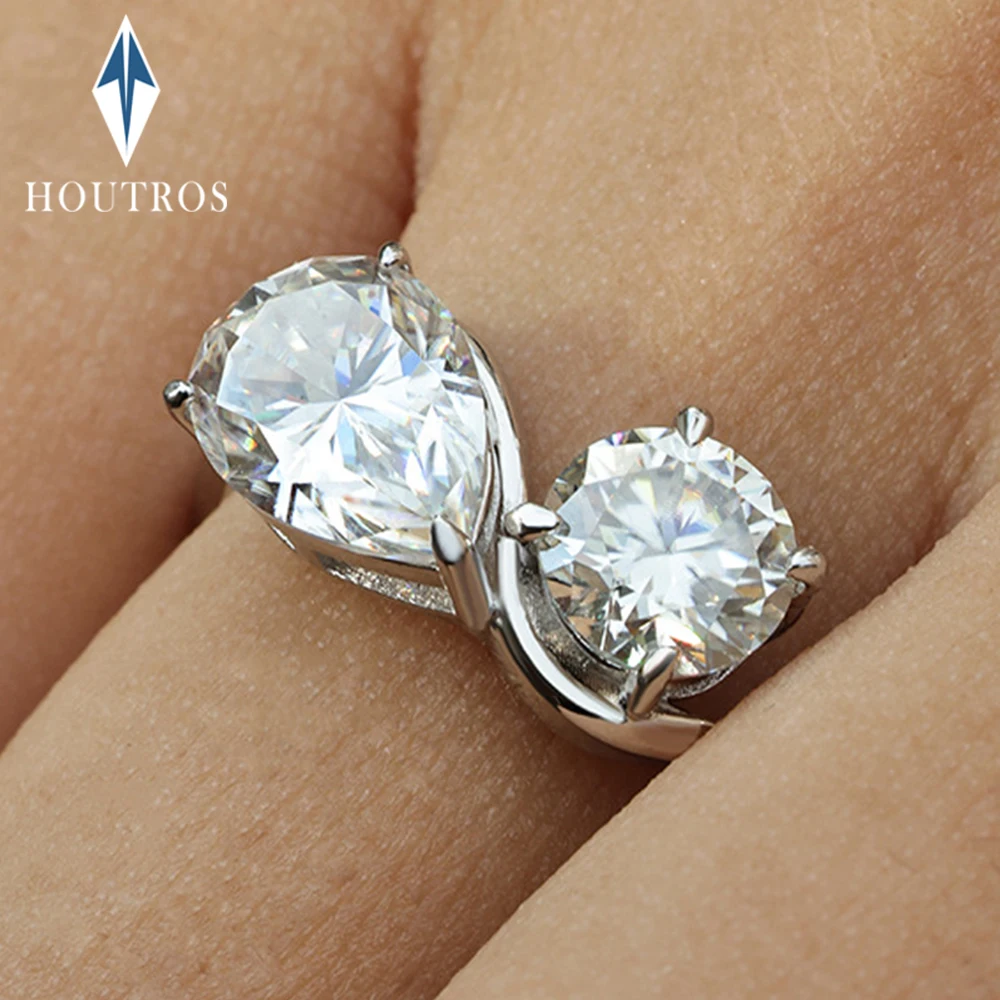 3cttw Pear & Round Cut Moissanite Ring for Women Two Stone Toi Et Moi Wave Shape Engagement Wedding Bands S925 Silver Jewelry