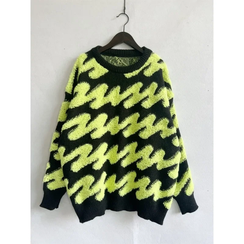 Autumn Knit Sweater Women Pullovers Winter Loose Thickened Wave Striped Flocking Crewneck Long-sleeved Knitted Sweater Pullover