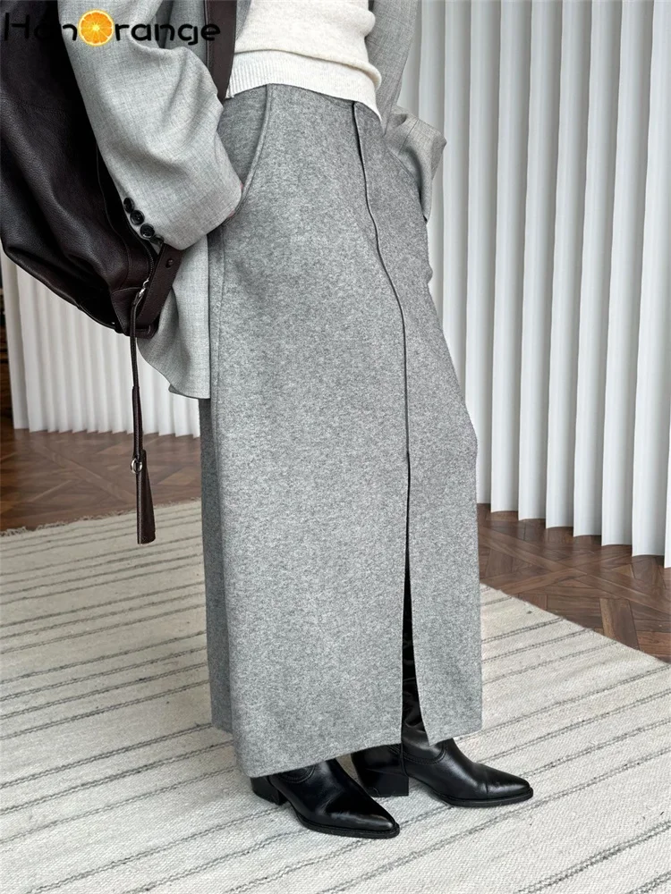 HanOrange 2026 Early Spring Fashion Temperament Straight Tube Slit Skirt Soft Skin Friendly Long Skirt Grey/Khaki Snow