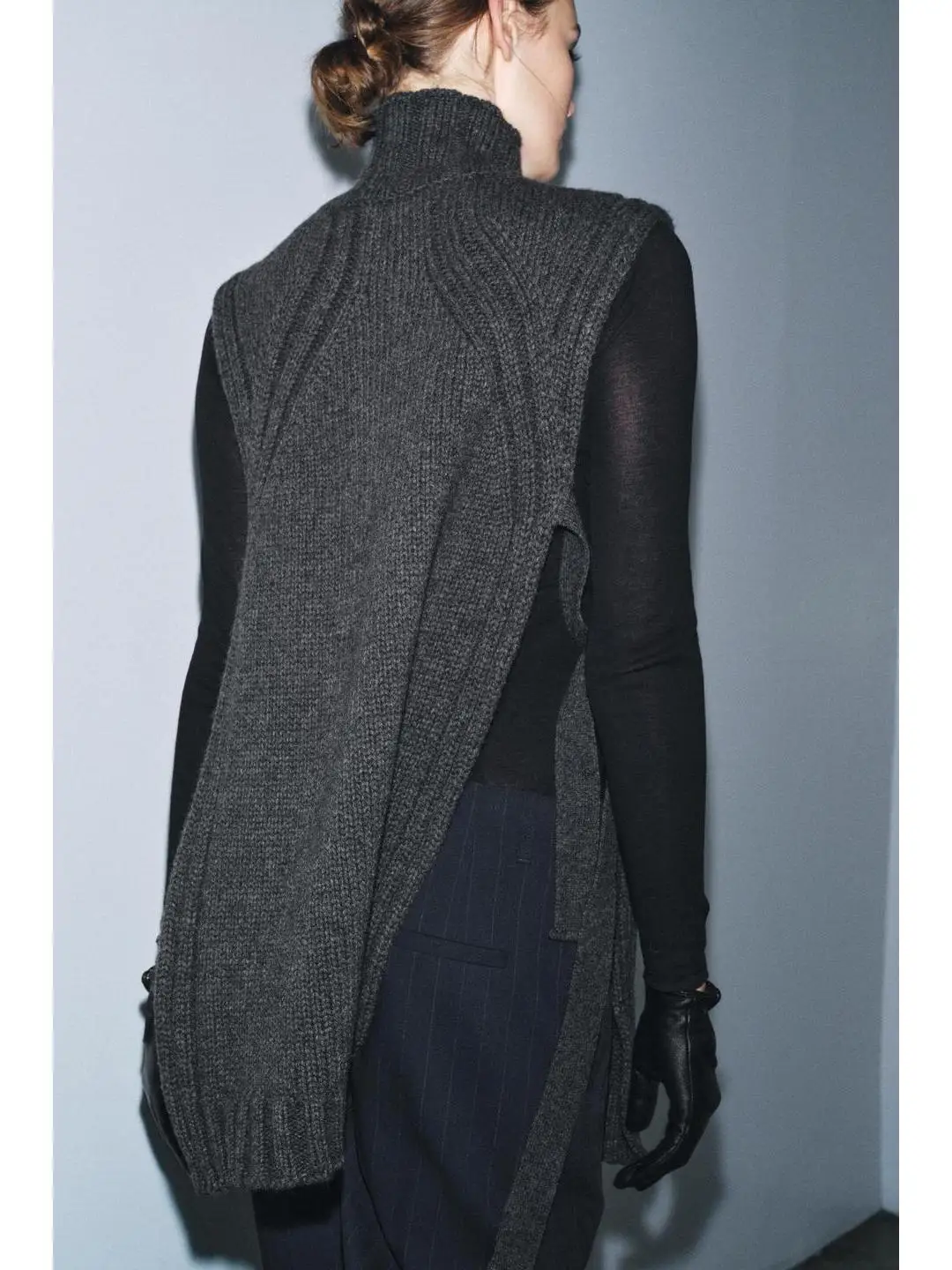 Autumnal Knitted Vest Sle Top with Side Slits And Bow Detail Long Svel Stand Collar Women's Faion Pure Color