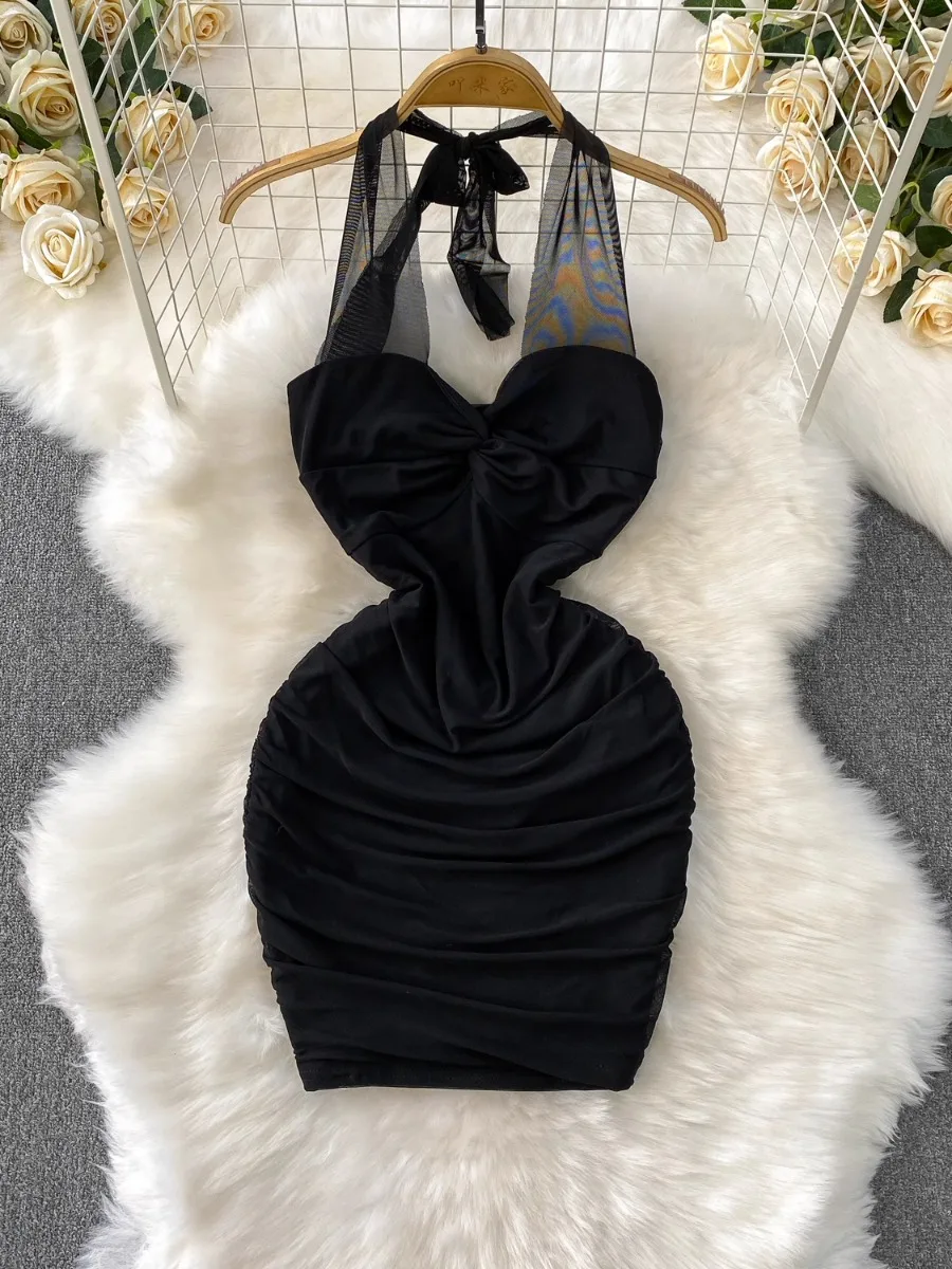 Foamlina 痩身ツイスト V ネックホルタードレス女性の夏のメッシュプリーツ締め付けウエストボディコンミニスカートドレス