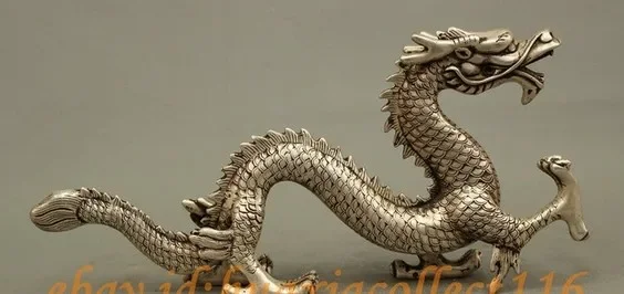 

13" Folk Chinese FengShui Silver Year Zodiac Runing Dragon Brass Animal Statue