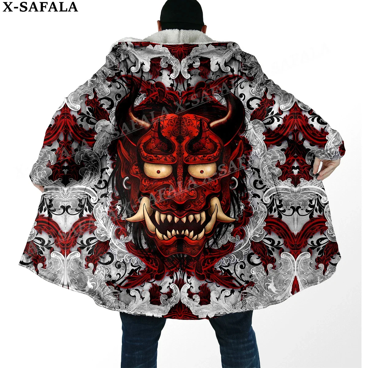 

Japanese Art Samurai Mask Tattoo Print Thick Warm Hooded Cloak Men Overcoat Coat Windproof Fleece Cape Robe Hooded Blanket-5