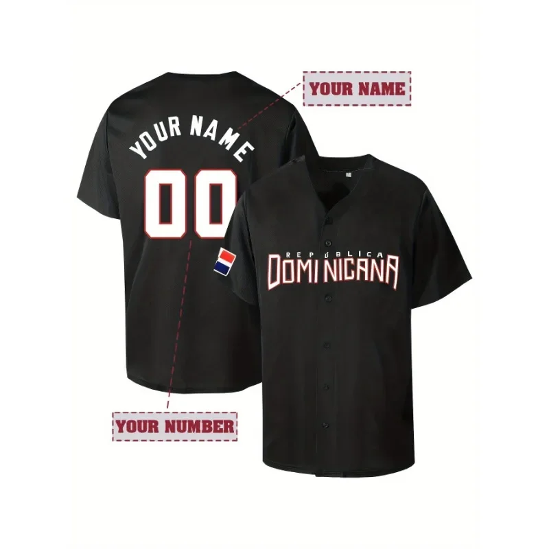 

Customized Name And Number Men's Embroidery Baseball Jersey Dominica Black V-Neck Personalized Short Sleeve Button Down Shirts