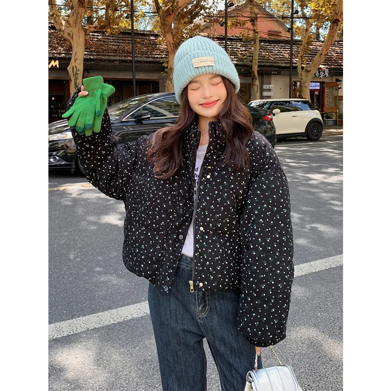 Floral Short Parkas Women Vintage Print Down Coats Winter Korean Cropped Puffer Jacket Thicken Warm Cotton Padded Outerwears New - Image 2