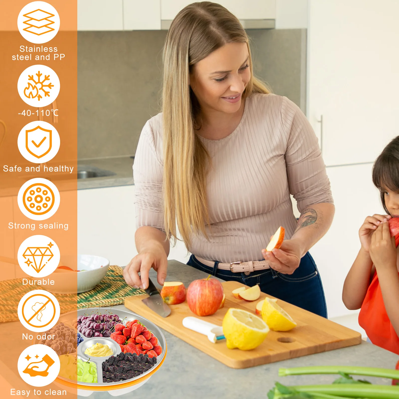 صواني تقديم سبليت من الفولاذ المقاوم للصدأ 201 6 مقصورات منظمو طبق الوجبات الخفيفة مع أغطية محكمة الغلق صندوق تخزين المطبخ مانع للتسرب #2