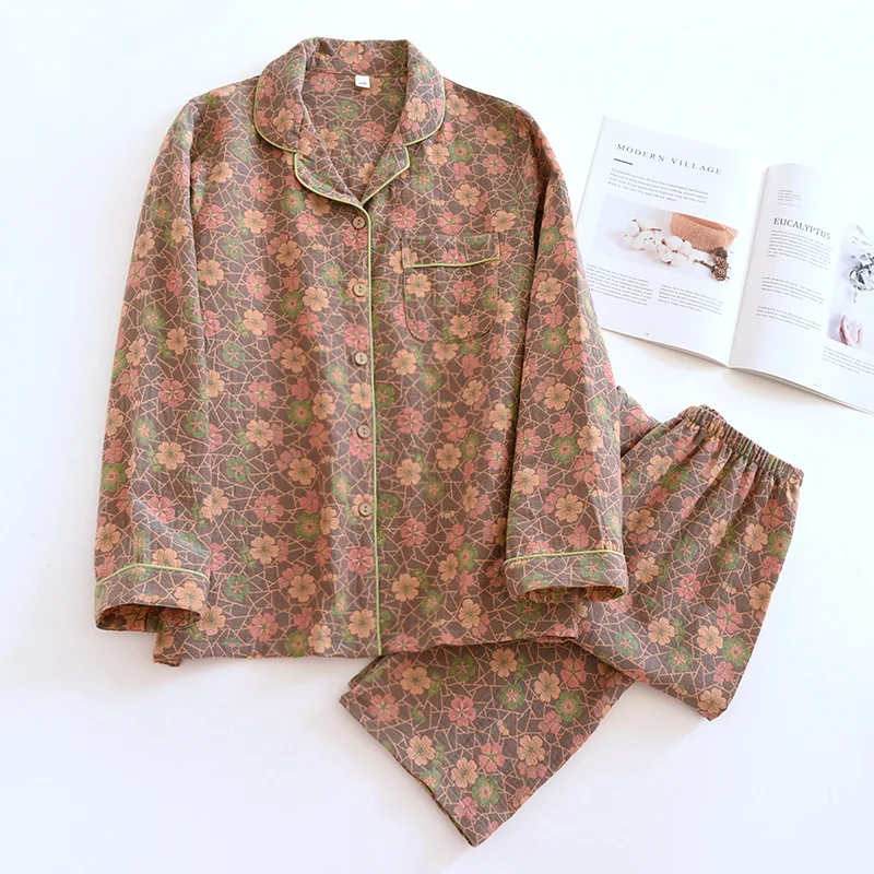2026 Neue Frühlings- und Sommer-Damen-Pyjama-Sets, Langarm-Hosenanzug, Zweiteilig, 100% Baumwolle, Krepp, Blumen- und Blättermuster, Hauskleidung – Detail 4