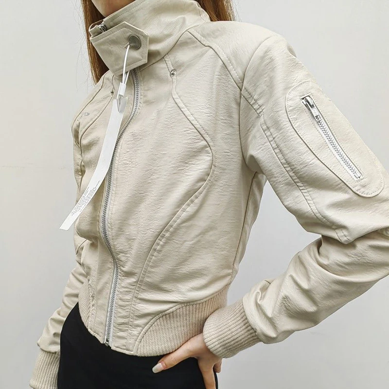 Giacca da donna vintage americana in pelle PU colletto alla coreana da motociclista capispalla a maniche lunghe Harajuku Y2K cappotto corto con zip punk sottile