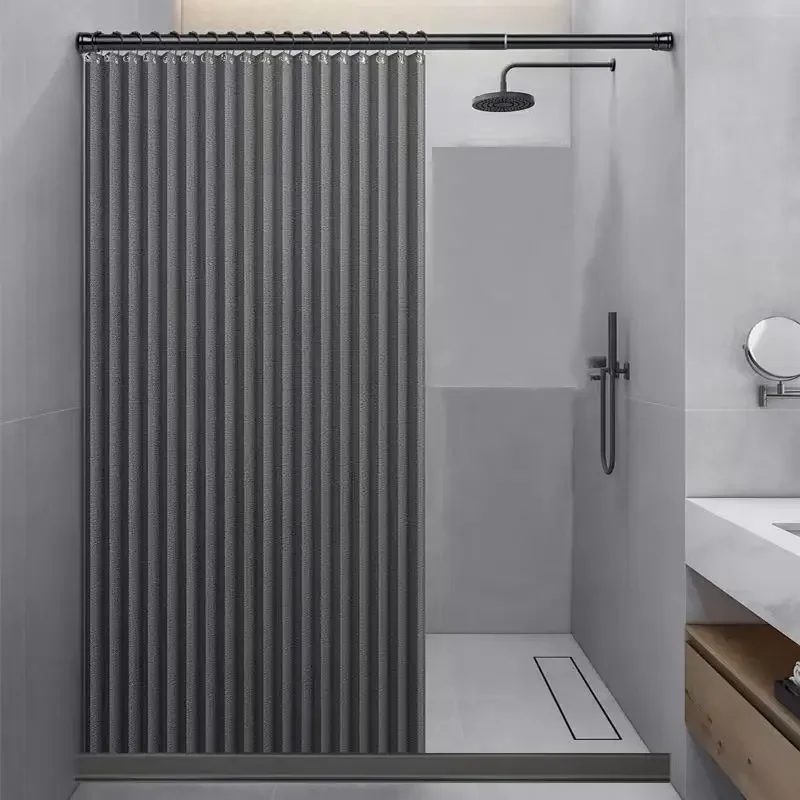 Shower Curtain Set with Telescopic Rod with Double-sided Magnetic Suction ,With Water Blocking Strips