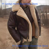 Mens PU Leather Jackets Outdoor Windproof Winter Fur Collar Leather Coats Mens Casual Thicken Lamb Wool Warm Coldproof Outwear