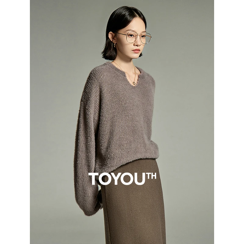 

Toyouth Women Imitation Mink Plush Sweater 2023 Winter Long Sleeve V Neck Loose Knitwear Fashion Comfort Soft Versatile Tops