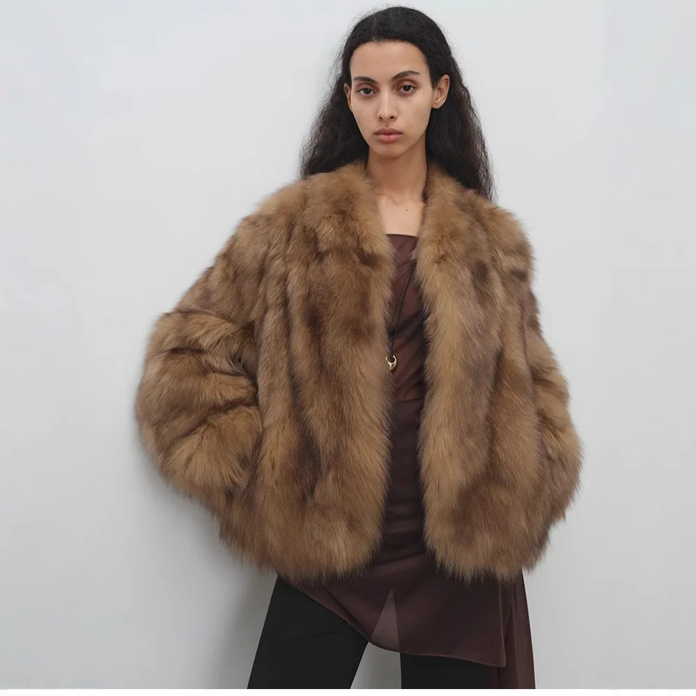 Cinatge براون الشتاء النساء معطف الفرو البيئي الخامس الرقبة مصممة فو الثعلب معطف جلد للإناث مفصلة سيدة الاصطناعي معطف الفرو القصير #5