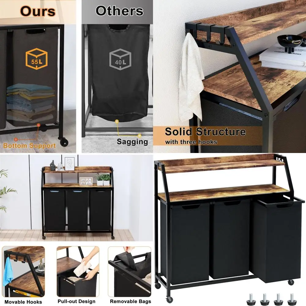 

3-секционная корзина для белья на колесиках и съемными сумками, 14,5 галлонов, черный и коричневый в деревенском стиле