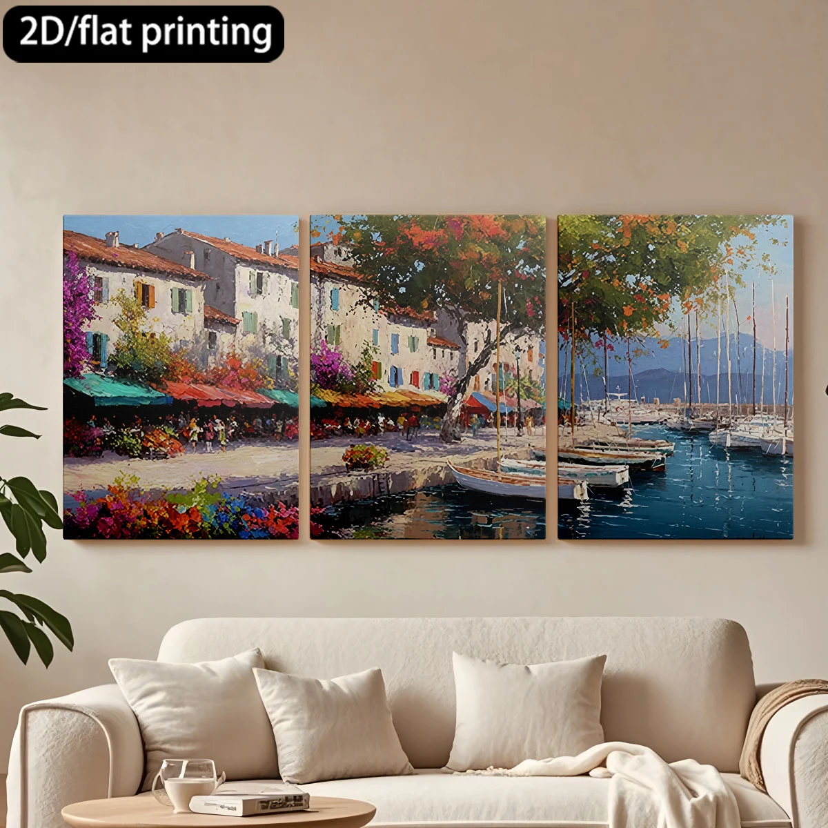 

Декоративная картина на холсте с тремя панелями: Прибрежная сцена, красочные здания, лодки.