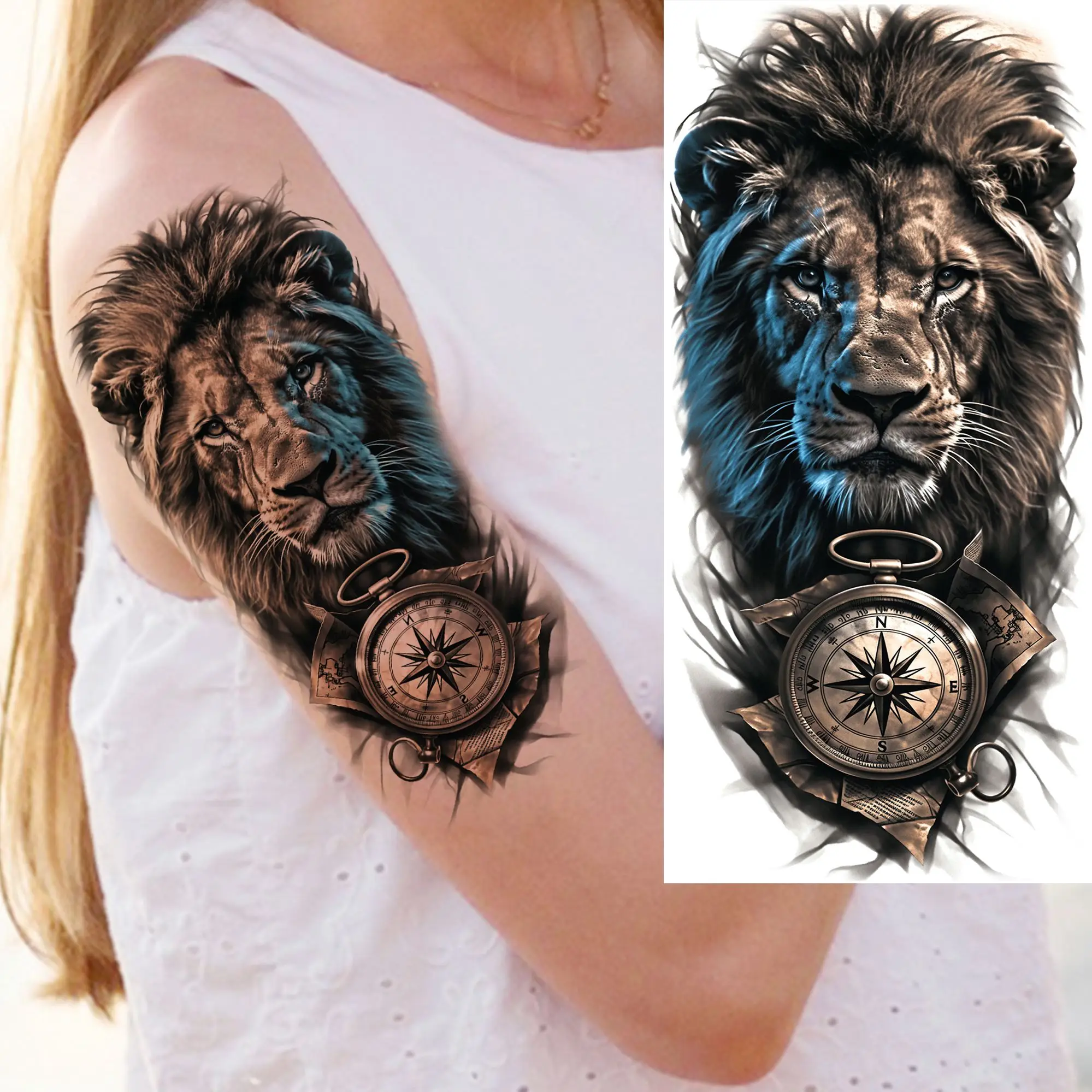1 Sheet Trendy Cool Lion With Compass Temporary Tattoos For Men Women Waterproof Realistic Fake Tattoo Sticker 3D Forearm Tatoos