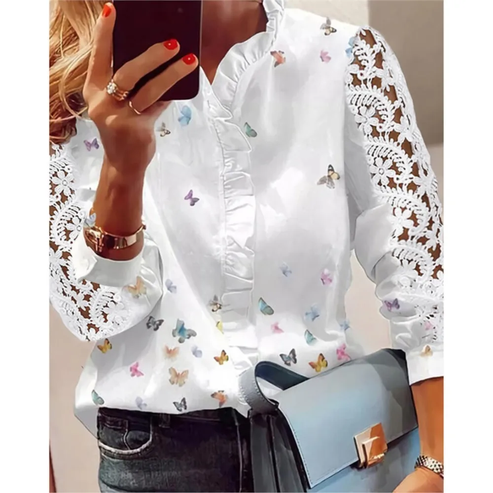 Fashion Hollowed Out Long Sleeved Single Breasted Blouse For Spring 2025 Elegant Lotus Leaf Collar Women's Shirt Femme Blusas