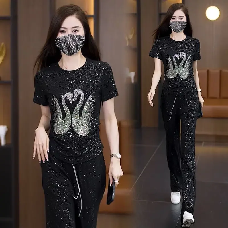 

Black Two-piece Sets Women Summer Short Sleeve T-shirt Wide-legged Pants Shiny Diamond Luxury Design Sets Loose Korean Fashion