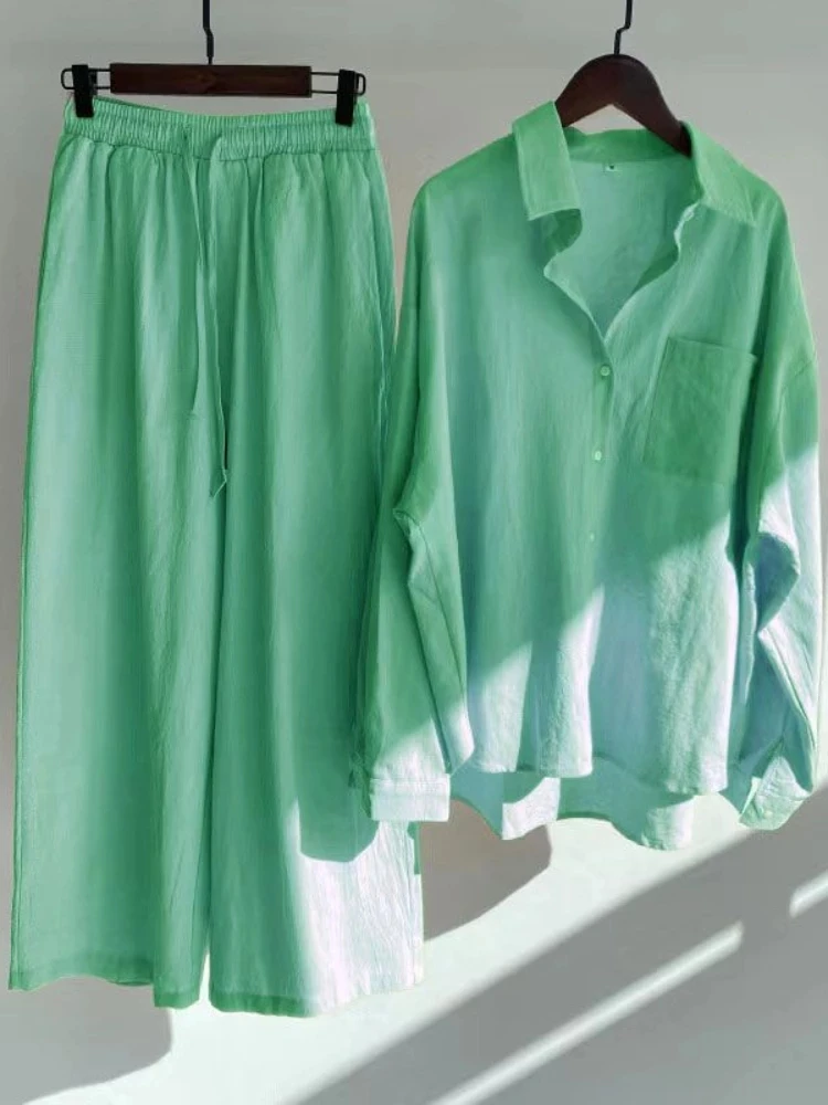 

2023 Cotton Linen Women's Pijamas Set Loose Sleepwear Women's 2pcs Shirt High Waist Slacks Suit Retro Oversize Sweatshirt Suit