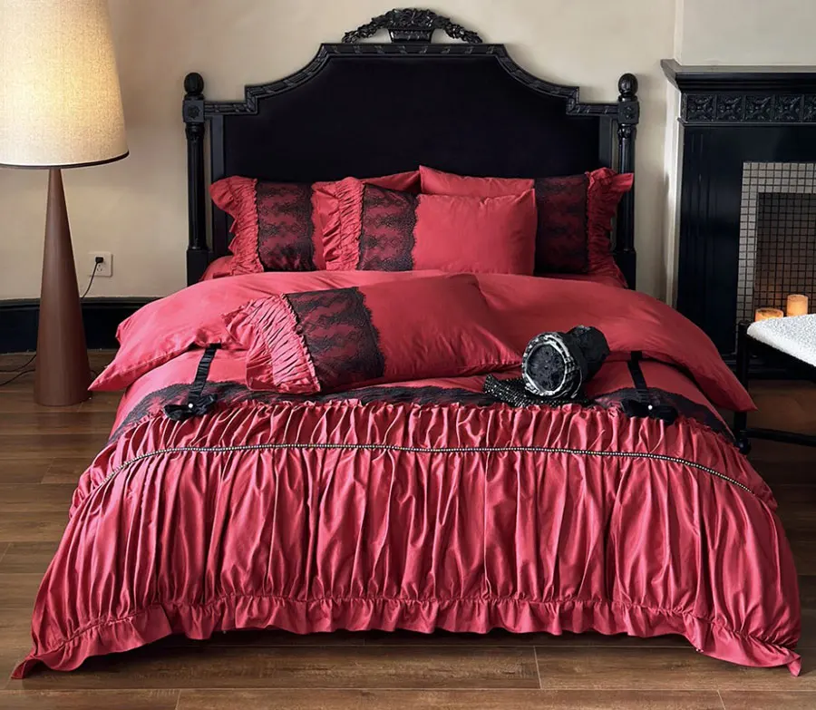 French romantic ruffled red greeen bedding set,full queen king cotton vintage home textile bed sheet pillow case quilt cover