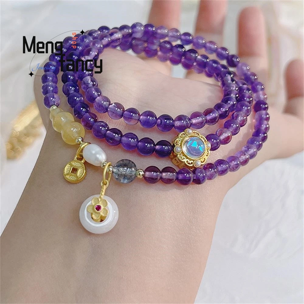 Natural Three Circle Amethyst Peace Button Small Flower Vintage String Bracelet Exquisite Elegant Sexy Young Girls Holiday Gifts