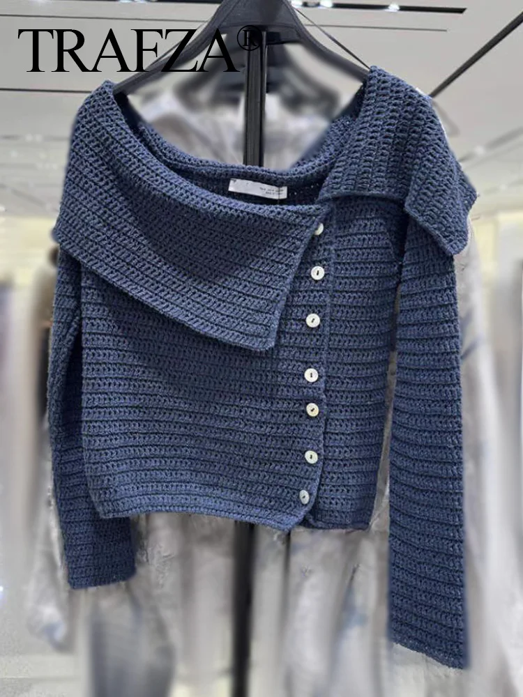 TRAFZA 2024 Female Casual Slim Sweater Top Solid Blue Long Sleeves Single Off Shoulders Breasted Autumn Vinatge Knitted Sweater