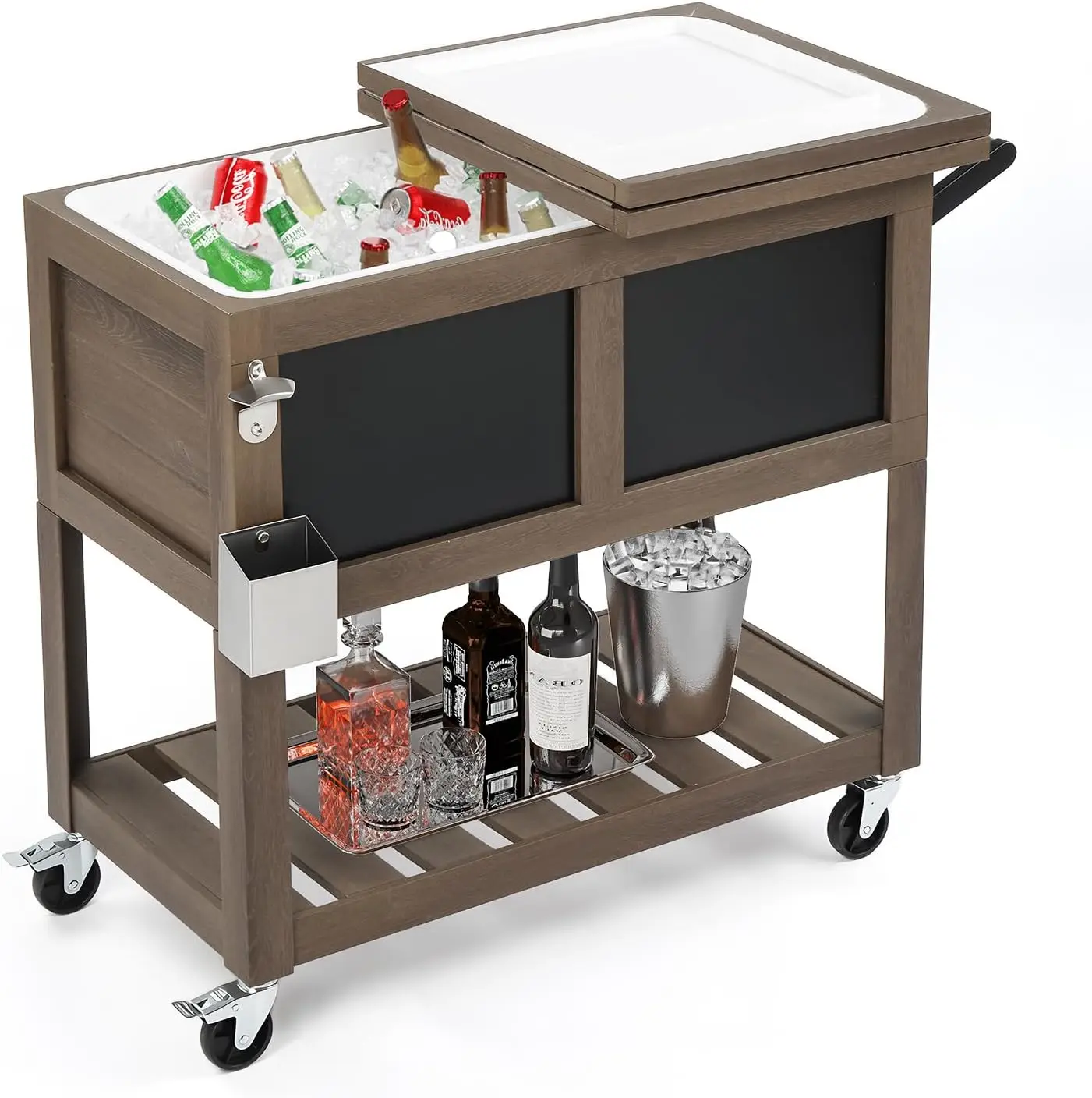Carrito Enfriador Rodante de 80 Cuartos para Patio, Contenedor de Bebidas y Hielo para Exteriores con Pizarra, Abrebotellas, Gabinete de Almacenamiento y Tapón de Drenaje para Jardín, Piscina, Fiesta o Terraza