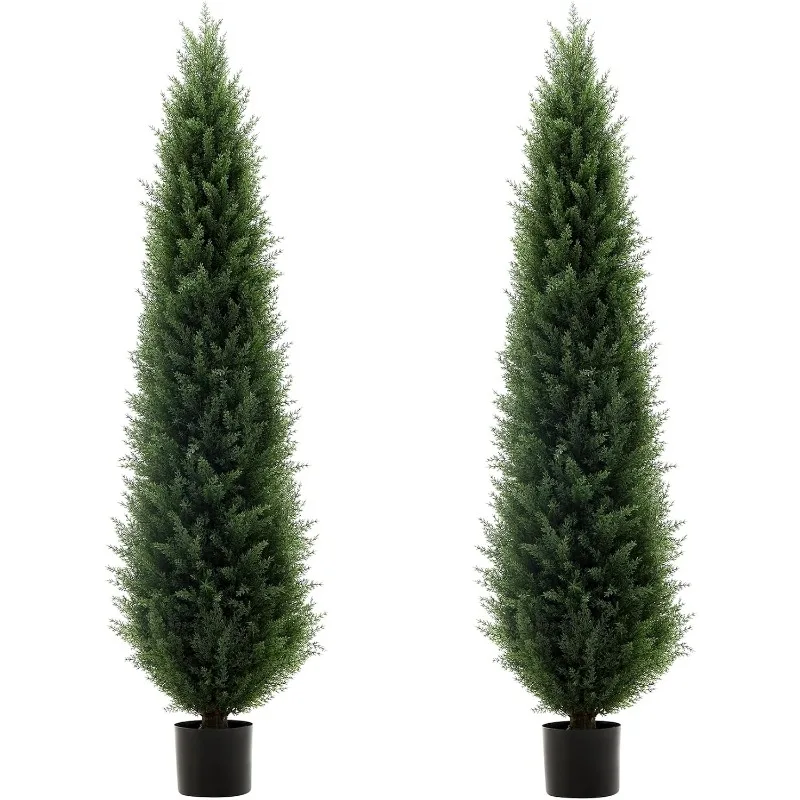 5 ft Artificial Cedar Topiary Trees, 2 Pack Uv Resistant Faux Outdoor Plants, Front Door Pine Tree Decor Outdoor Entrance, Tall