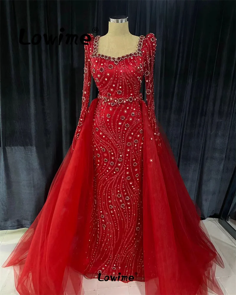 Robes De Soirée Red Elegant Evening Dresses Dubai Long Sleeves Arabic Detachable Skirt Mermaid Party Gowns Formal Occasion Dress