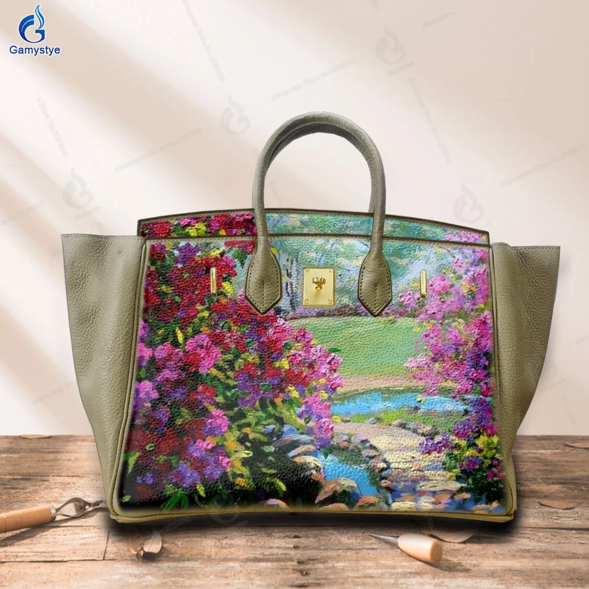 

Women Bags Top-Handle Bags Cross Body Bags Bolsas Marcas Hand-drawn garden scene pattern Genuine Leather Art Oil Graffiti Painte