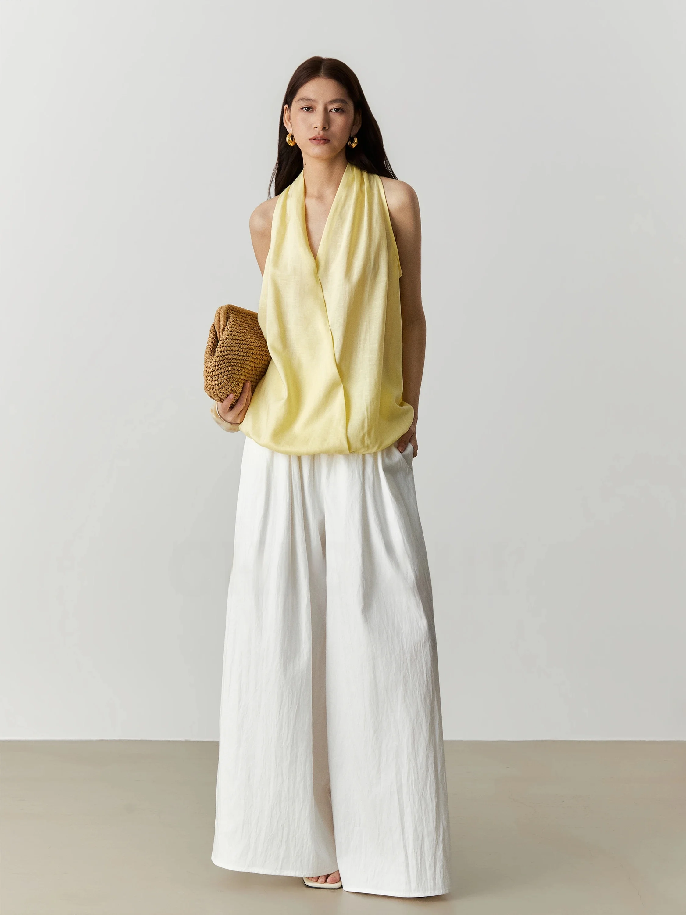 Casual High Waist Wide Leg Pants Women's  Cotton Loose Fit Floor Length Elastic Waist Straight Cut Versatile Workwear