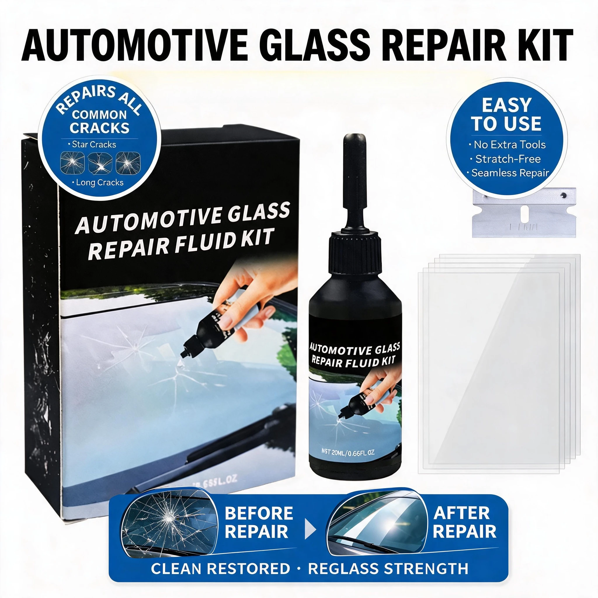 20ml Windshield Crack Repair Kit DIY Car Glass Chip Fix Resin Tool Set Includes Curing Film Scraper Auto Maintenance Supplies