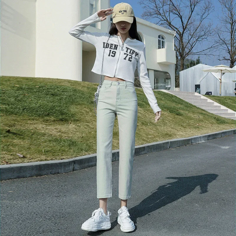 

Summer New Jeans Women Elastic Straight Pipe Cigarette Drape Loose High Waist Slim Four Seasons Style Nine-point Pants