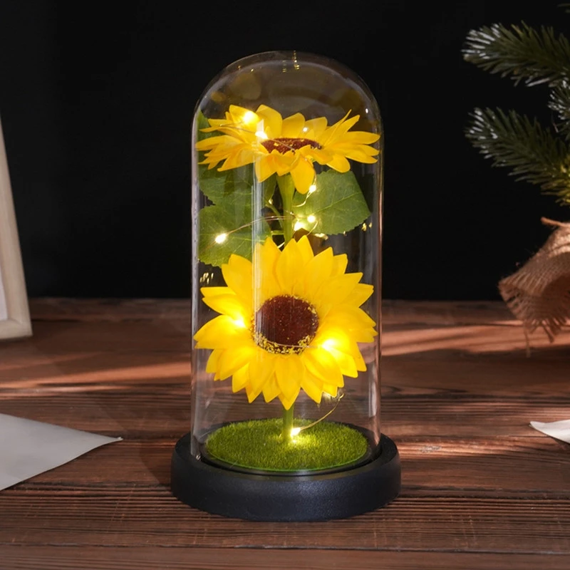 Artificial Sunflower Eternal Rose Flowers LED Light Foil Flower in Plastic Cover Christmas Birthday Gifts Wedding Party Supplies