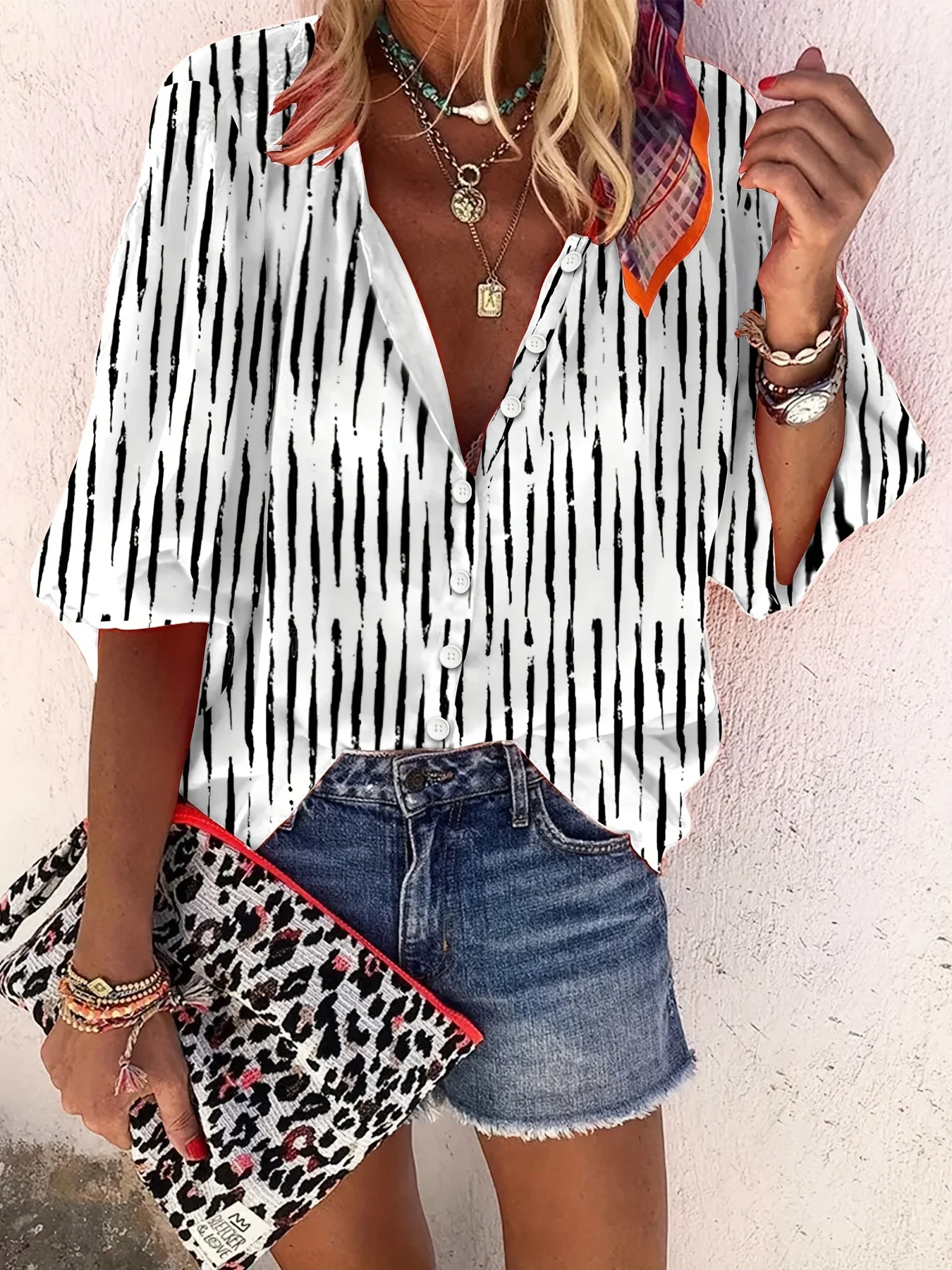 

Western leisure vacation ethnic style geometric print three-quarter sleeve trumpet sleeve women's shirt